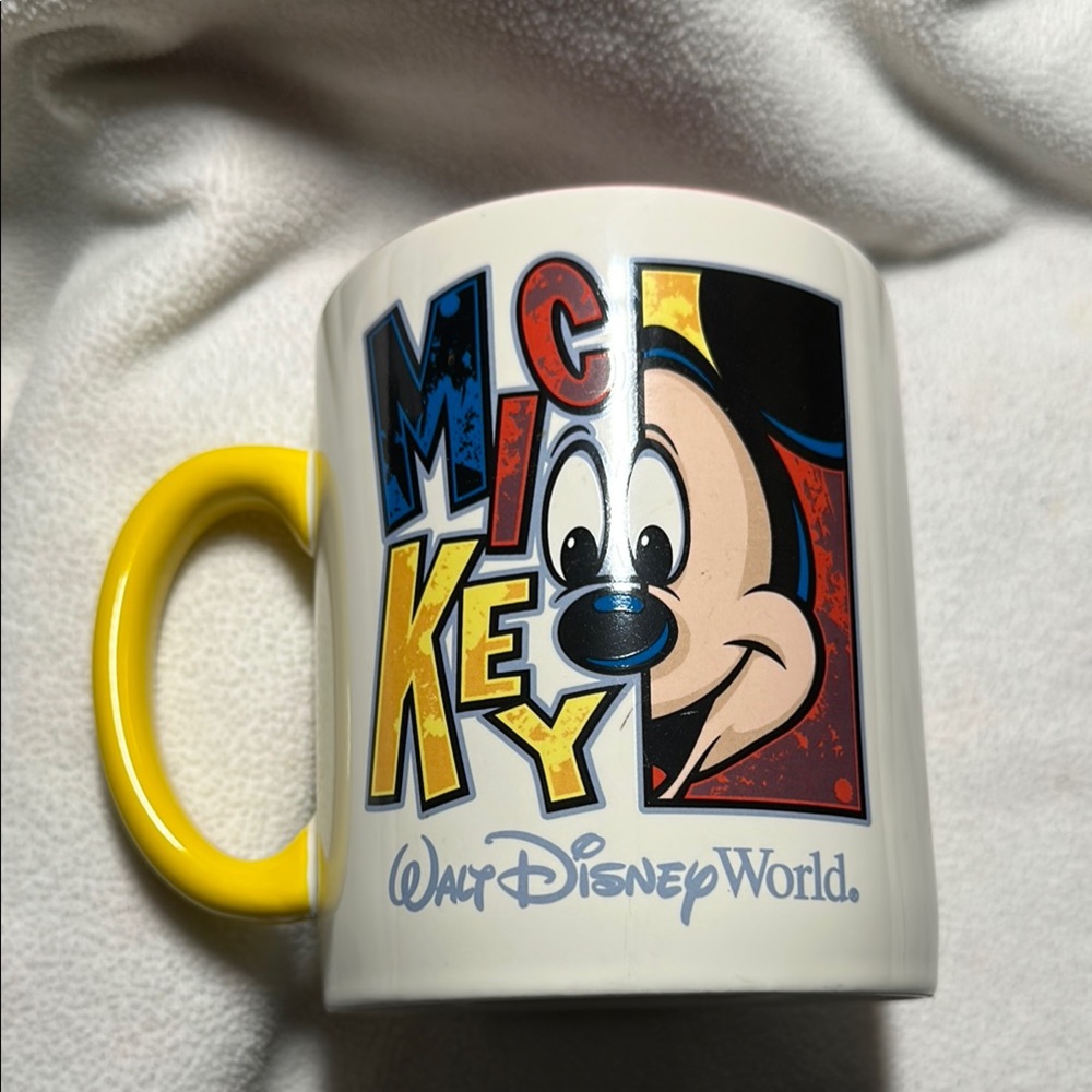 Disney Mickey Mouse Mug with Yellow Handle and Colorful Design Walt Disney World